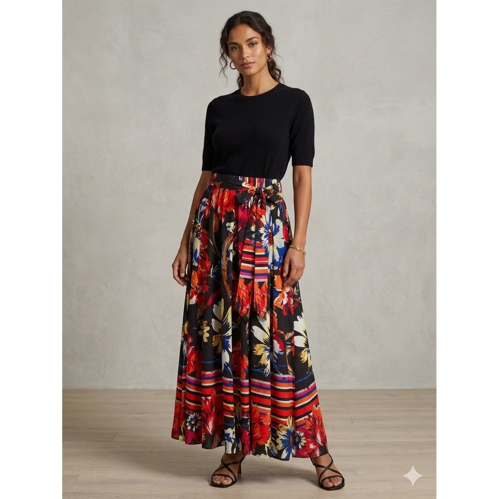 Truly 4 You Floral Maxi Skirt Black Red Tropical Print Tie Waist Size M